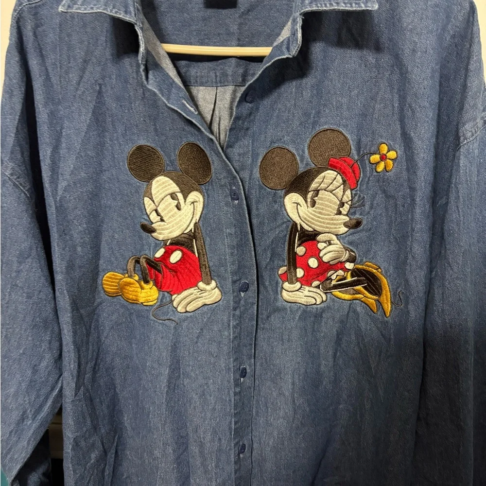 Disney Women's Blue Denim Shirt with Mickey and Minnie Embroidery XXL - Picture 7 of 10